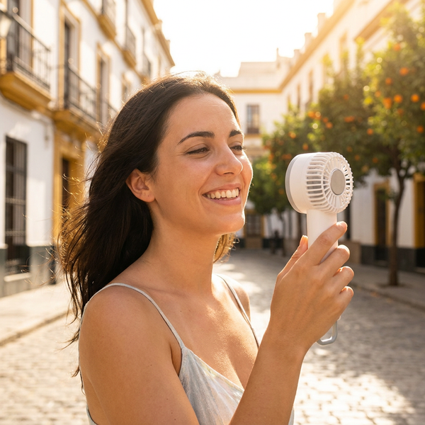 Mujer refrescándose con TURBRISA en una calle soleada